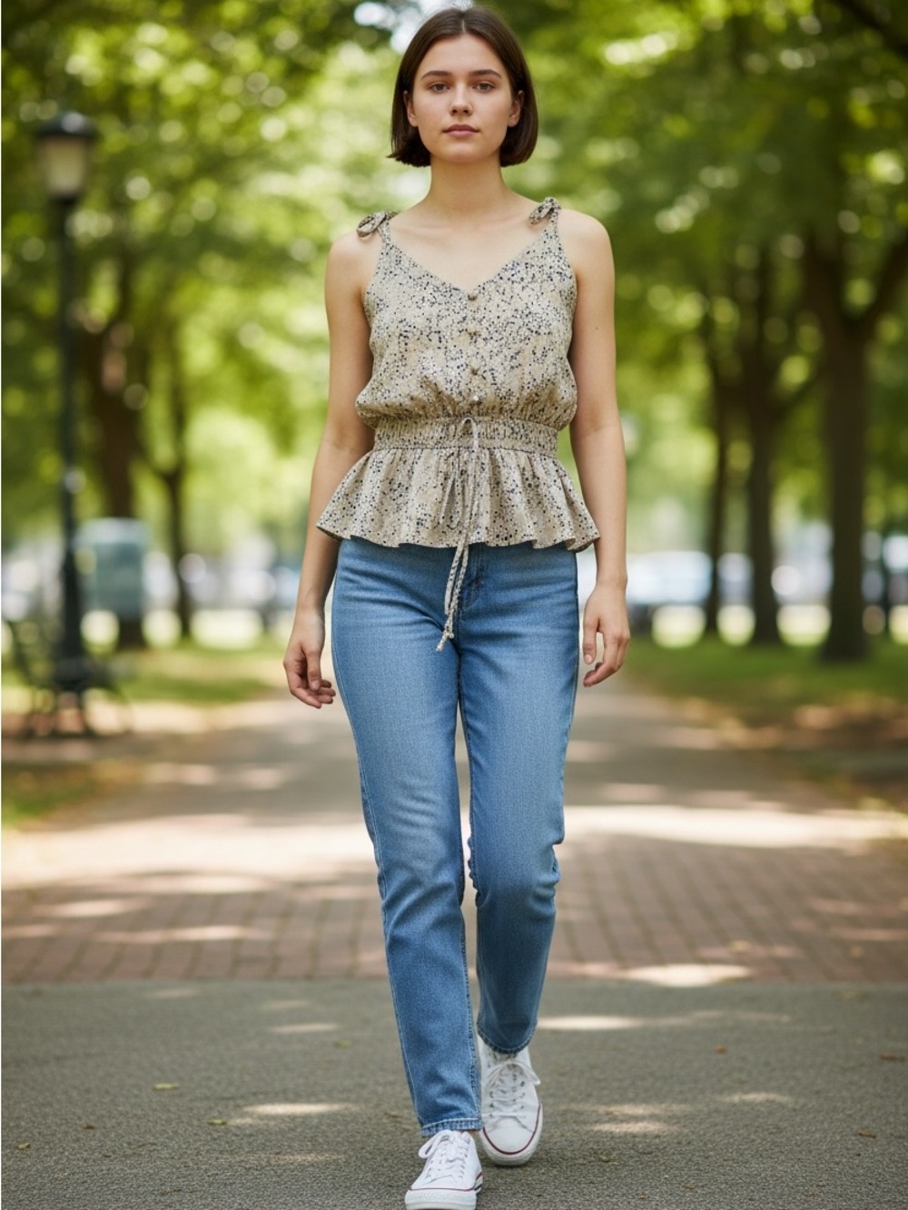 Olive Printed Sleeveless Peplum Top